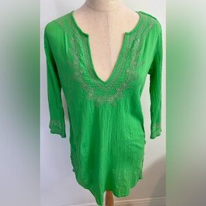 Green Tunic with 3/4 Sleeves and Embellished Neckline